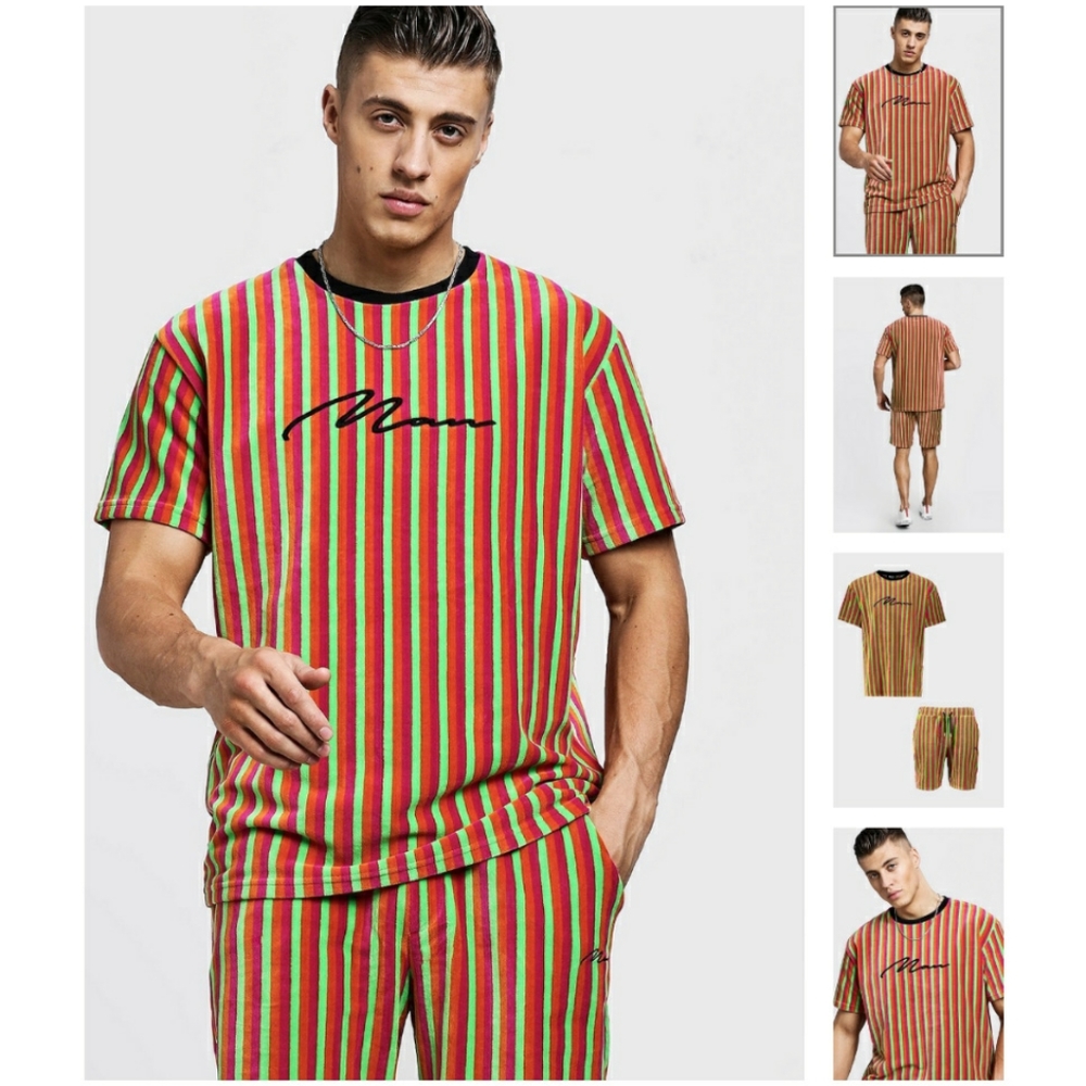 MAN SIGNATURE VELOUR STRIPE T-SHIRT & SHORT SET